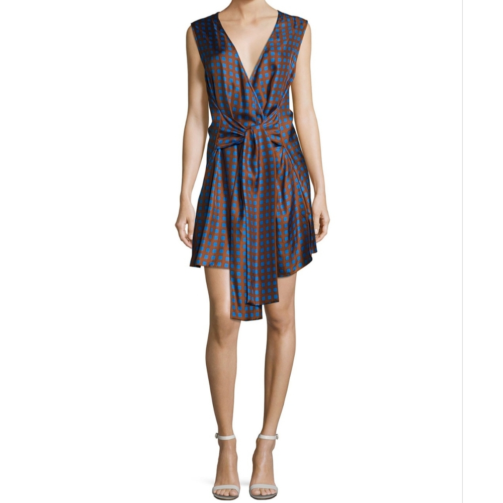 DVF Diane von Furstenberg Tie Faux-Wrap DRESS Brown Blue Squares 100% Silk L